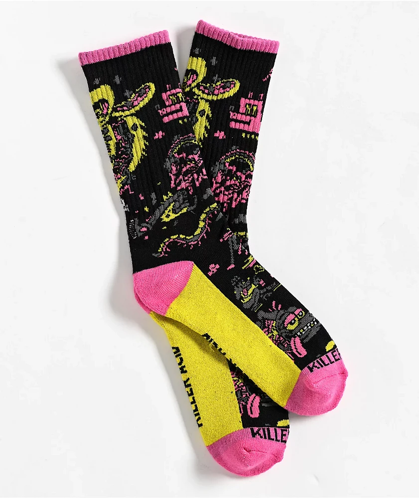 Killer Acid Trippy Dog Black, Yellow, & Pink Crew Socks