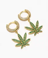 King Ice 14K Gold & Silver Weed Leaf Hoop Earrings