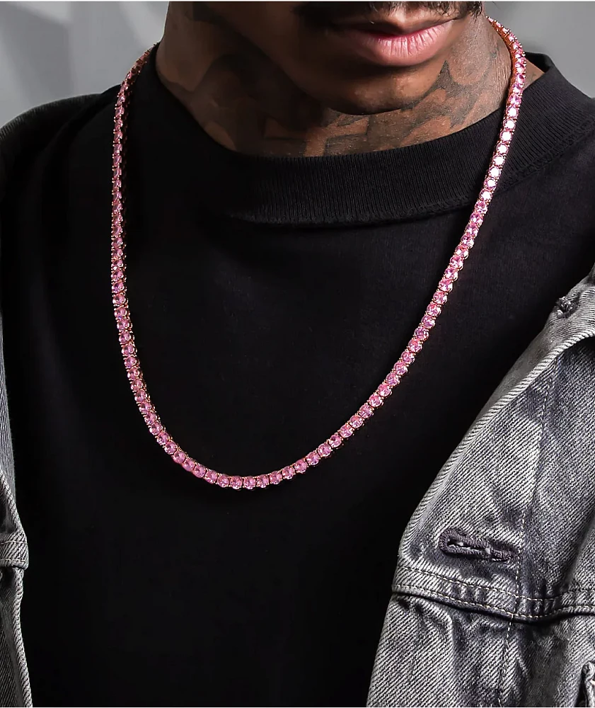 King Ice 5mm Single Row Pink Gold Tennis Chain Necklace