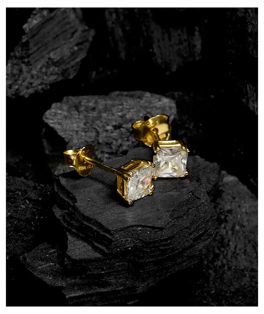 King Ice 6mm Gold & Clear Princess Cut Earrings 