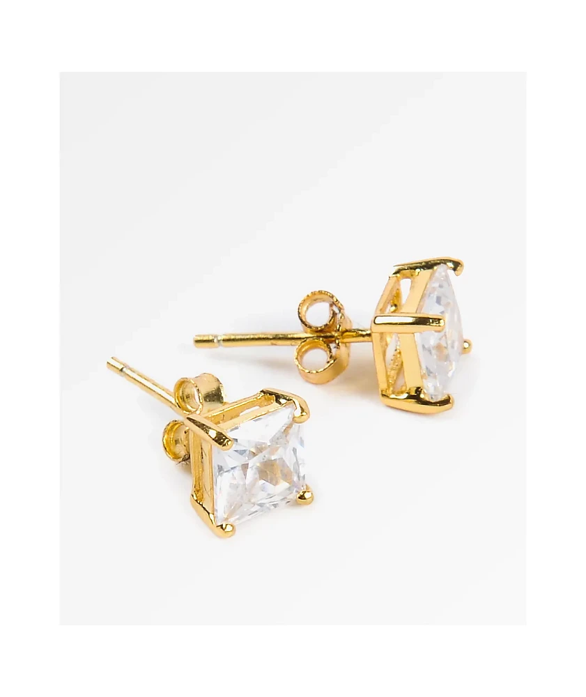 King Ice 6mm Gold & Clear Princess Cut Earrings 