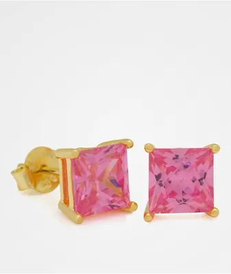 King Ice Gold & Pink Princess Cut Earrings
