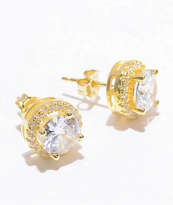 King Ice Halo Brilliant Cut Gold Stud Earrings