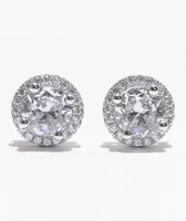 King Ice Iced Round Frame Silver Stud Earrings