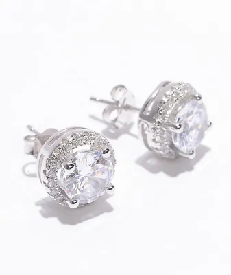 King Ice Iced Round Frame Silver Stud Earrings