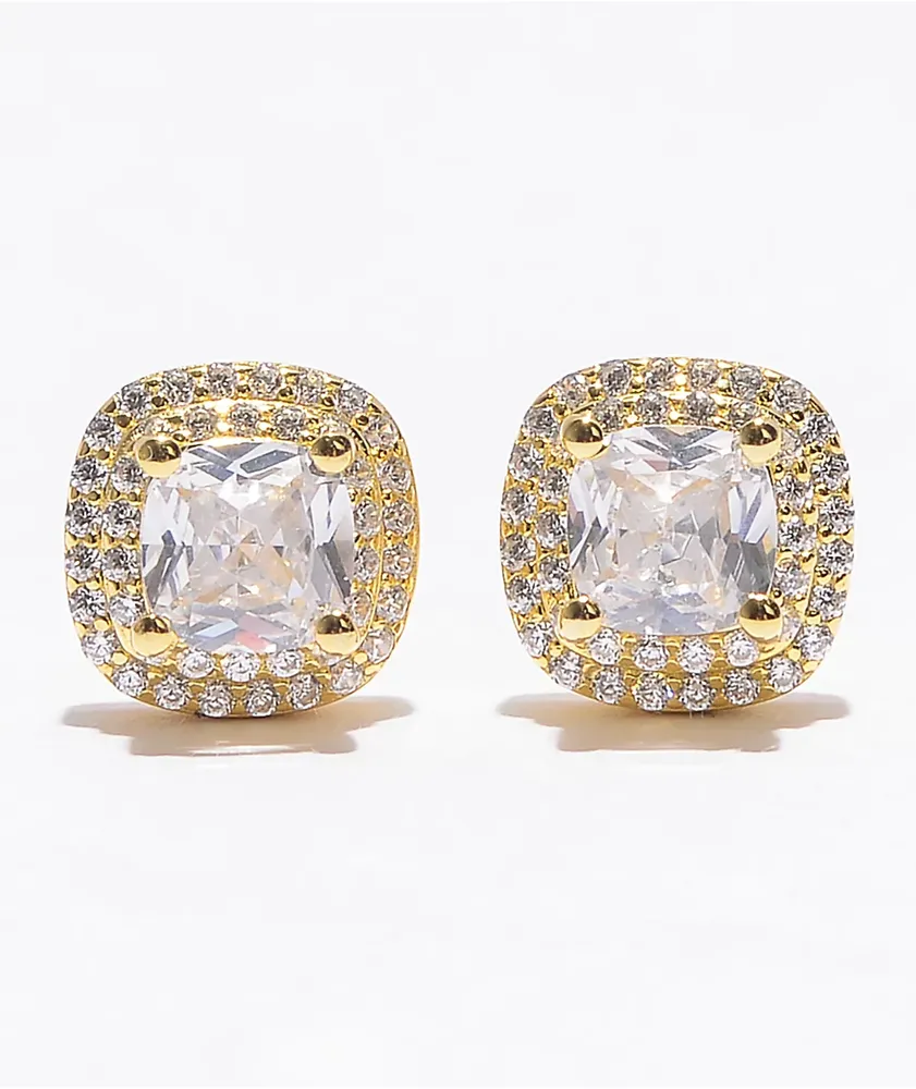 King Ice Iced Square Frame Gold Stud Earrings