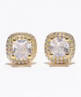 King Ice Iced Square Frame Gold Stud Earrings