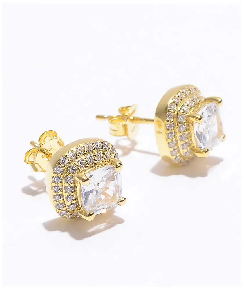 King Ice Iced Square Frame Gold Stud Earrings