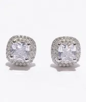 King Ice Iced Square Frame Silver Stud Earrings