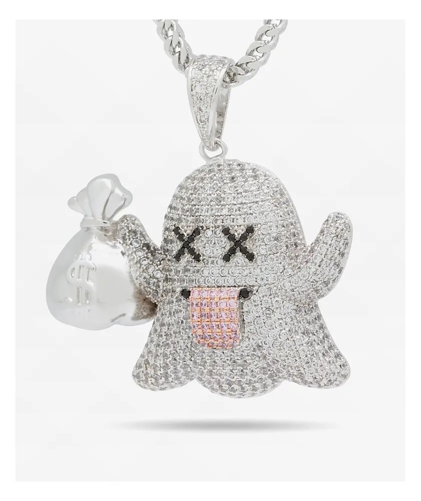 King Ice Money Ghost Emoji 20" Silver Chain Necklace