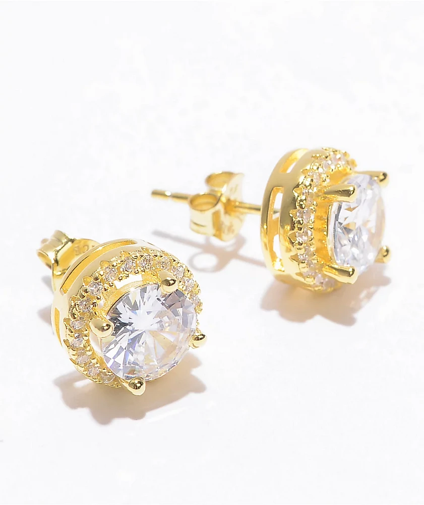 King Ice Round Frame Gold Stud Earrings