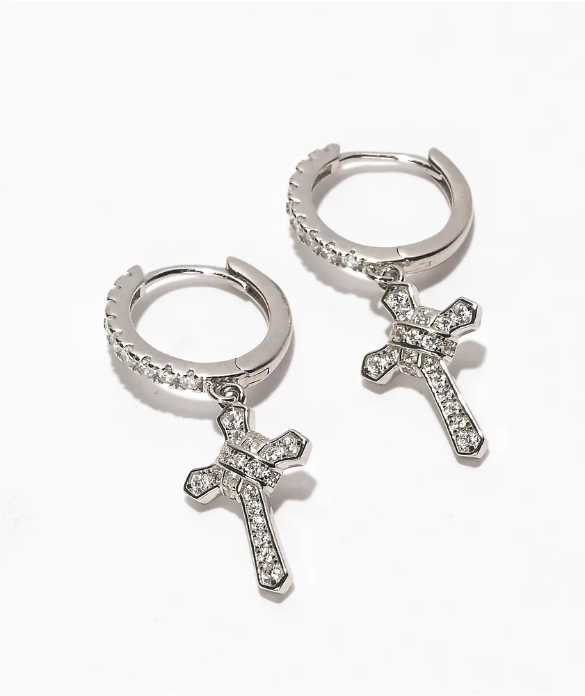 King Ice Silver Iced Cross Hoop Earrings