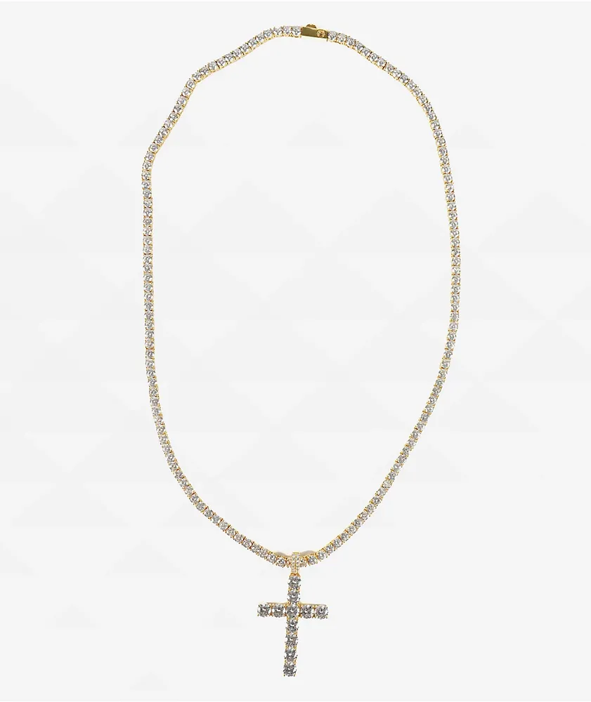 King Ice Tennis Cross Gold 24" Chain Necklace