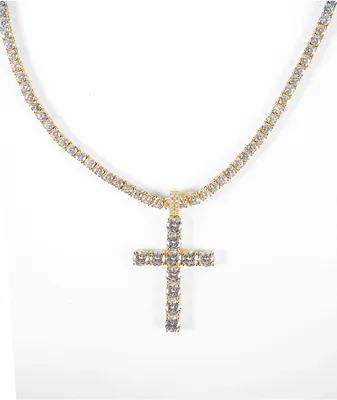 King Ice Tennis Cross Gold 24" Chain Necklace