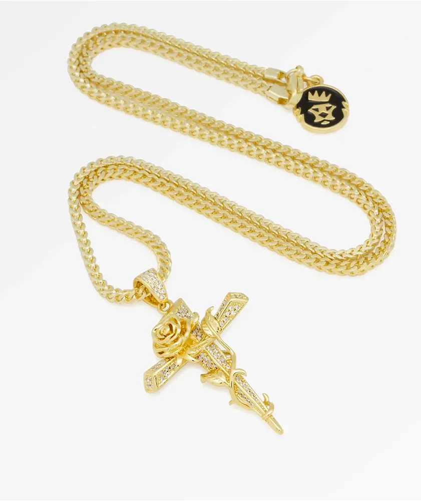 King Ice Thorned Cross Gold Necklace