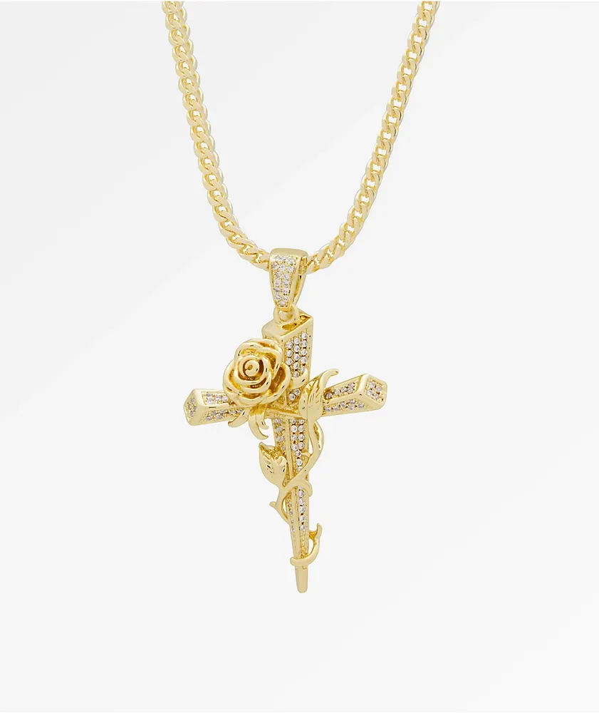 King Ice Thorned Cross Gold Necklace