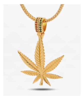 King Ice Weed Leaf 20" Gold Chain Necklace