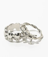 Krone 2 Pack Barbed Skull Silver Rings