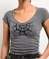 Lurking Class By Sketchy Tank Spider Webs Grey Cinch Crop T-Shirt