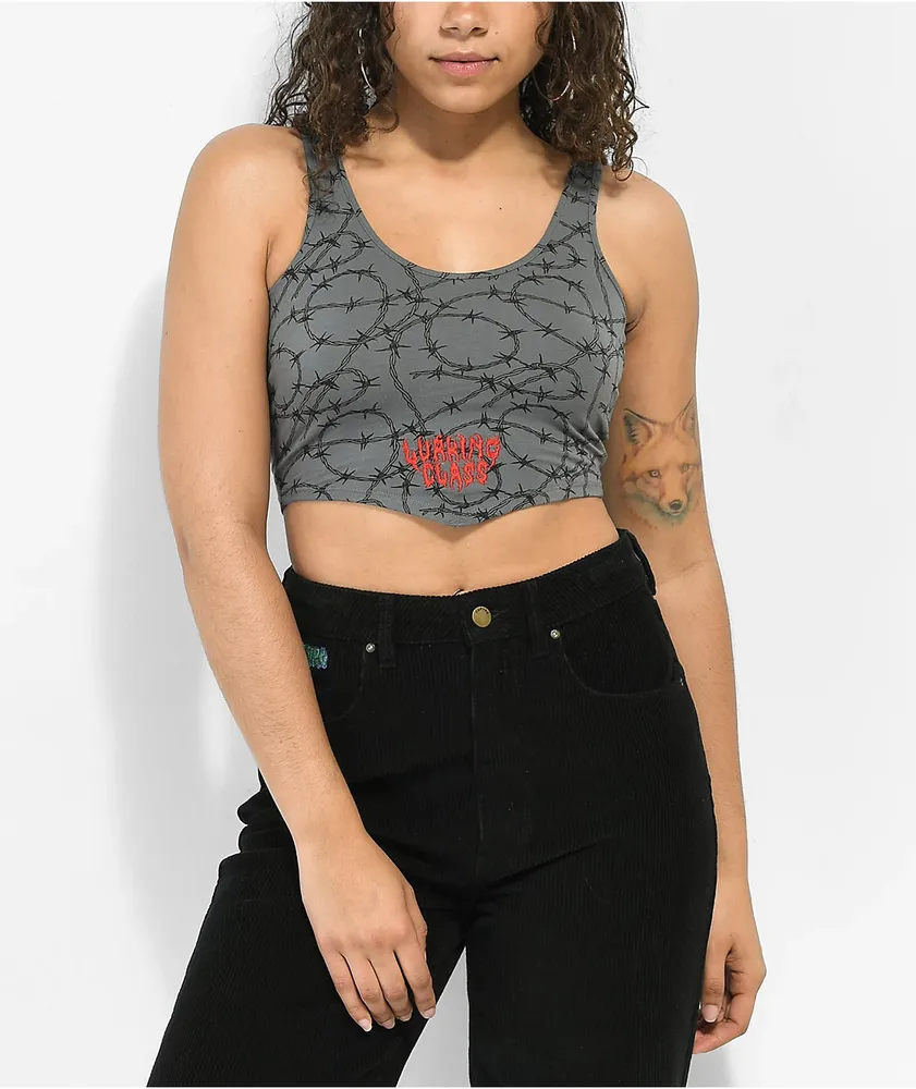 Lurking Class by Sketchy Tank Barbed Wire Grey Crop Tank Top