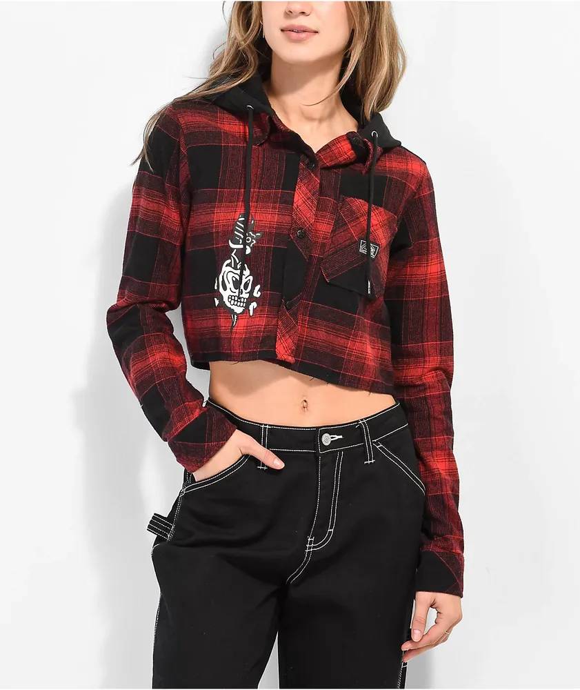 Lurking Class by Sketchy Tank Daggers Red & Black Crop Hooded Flannel Shirt