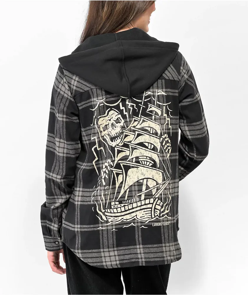 Lurking Class by Sketchy Tank Loose Lips Black Hooded Flannel Shirt