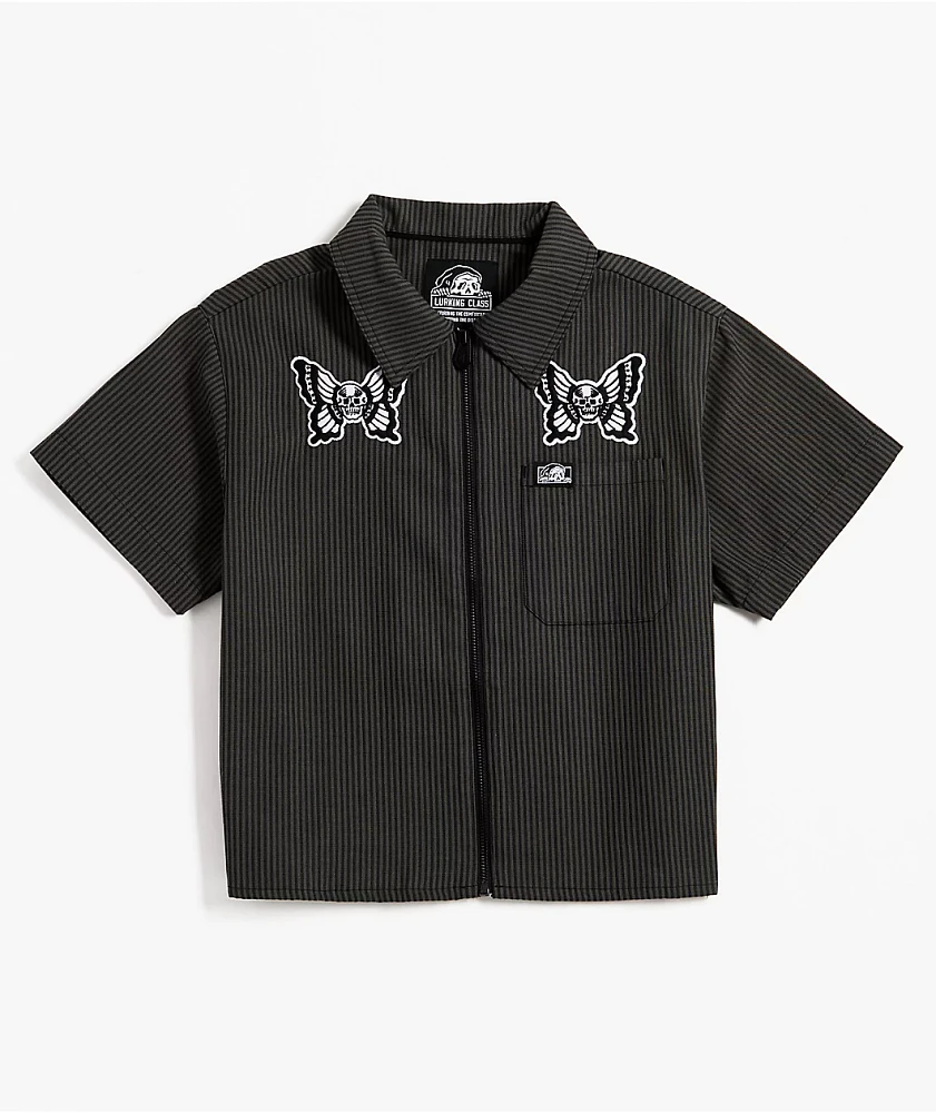 Lurking Class by Sketchy Tank Skullfly Black Stripe Crop Work Shirt