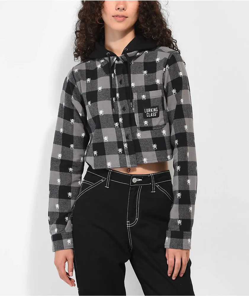 Lurking Class by Sketchy Tank Spider Black Crop Hooded Flannel Shirt