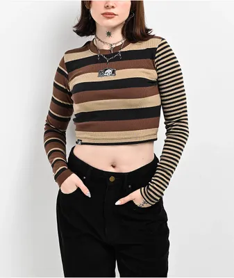Lurking Class by Sketchy Tank Striped Brown Long Sleeve Crop T-Shirt