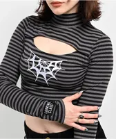 Lurking Class by Sketchy Tank Striped Cutout Black Long Sleeve Crop Top