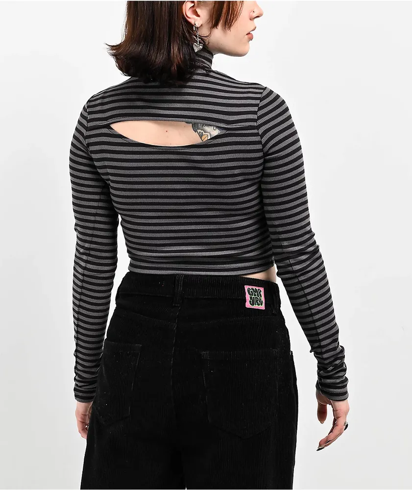 Lurking Class by Sketchy Tank Striped Cutout Black Long Sleeve Crop Top