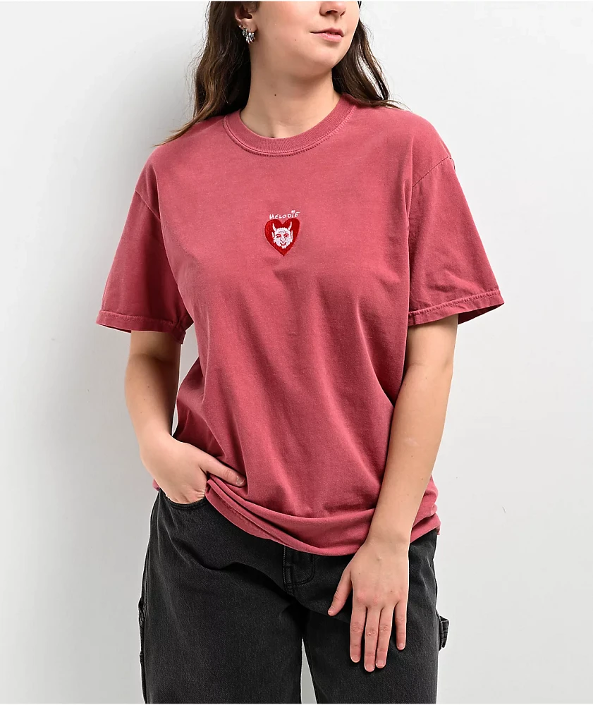 Melodie Cold Hearted Embroidered Boxy Red T-Shirt