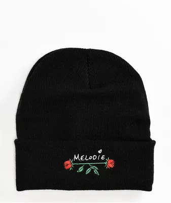 Melodie Double Rose Black Beanie
