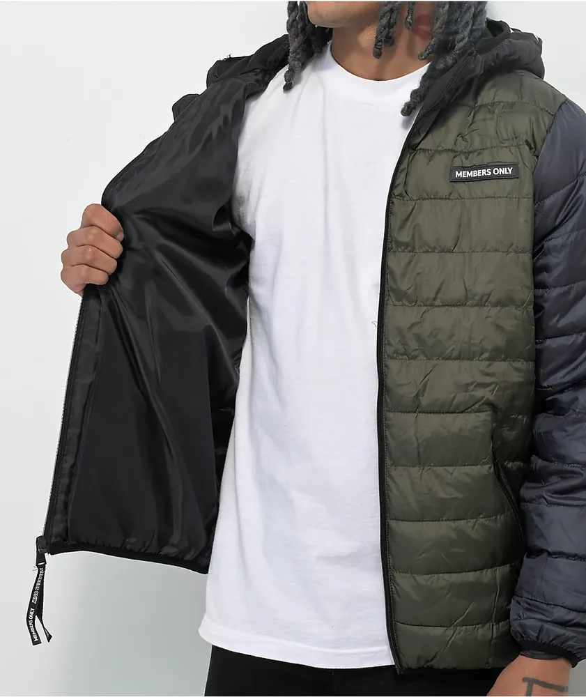 Members Only Packable Green & Blue Hooded Puffer Jacket