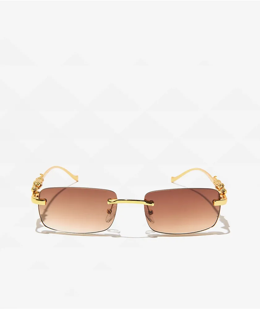 Micro Rectangle Leopard Brown & Gold Frameless Sunglasses