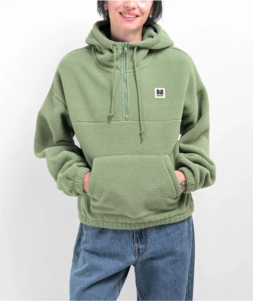 Oversized Half-zip Teddy Fleece Hoodie - Light green/cream - Ladies