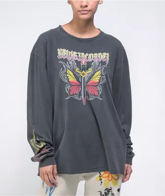 NGOrder Butterfly Dagger Black Acid Wash Long Sleeve T-Shirt 