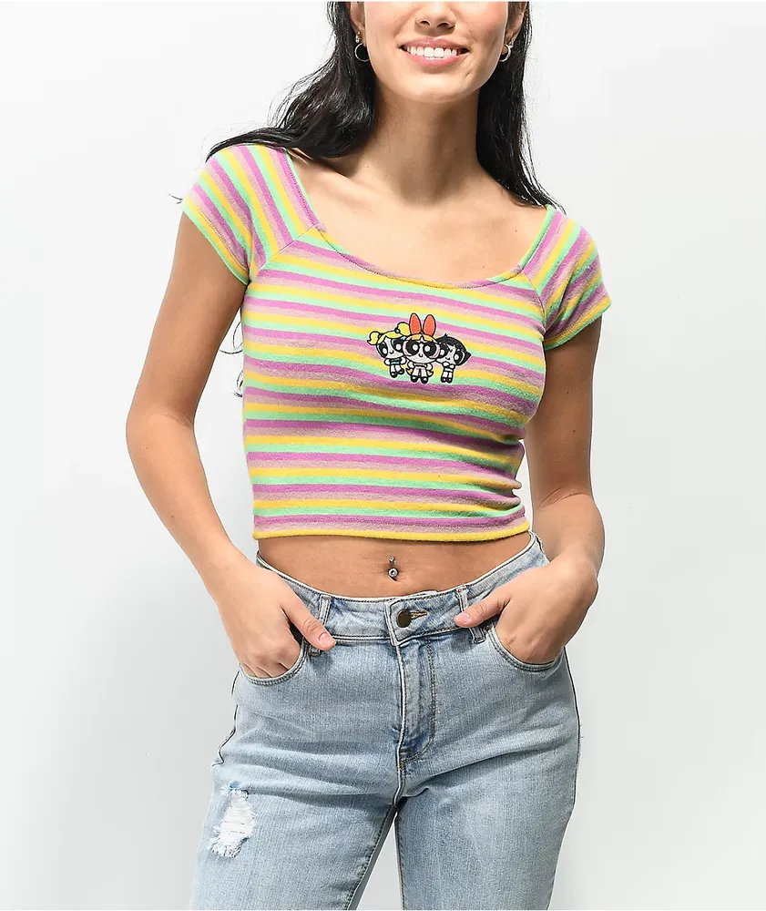 NGOrder x Powerpuff Girls Yellow, Green, & Purple Stripe Crop T