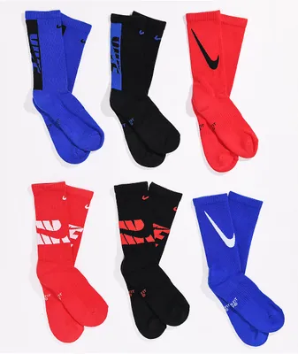 Nike Kids' Red, Blue, & Black 6 Pack Crew Socks
