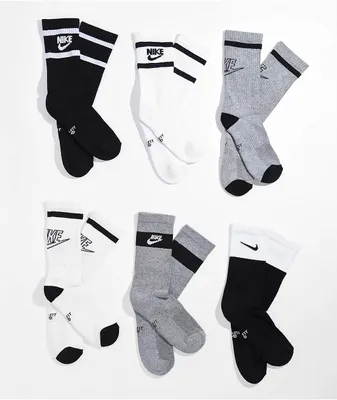 Nike Kids Black, White & Grey 6 Pack Crew Socks