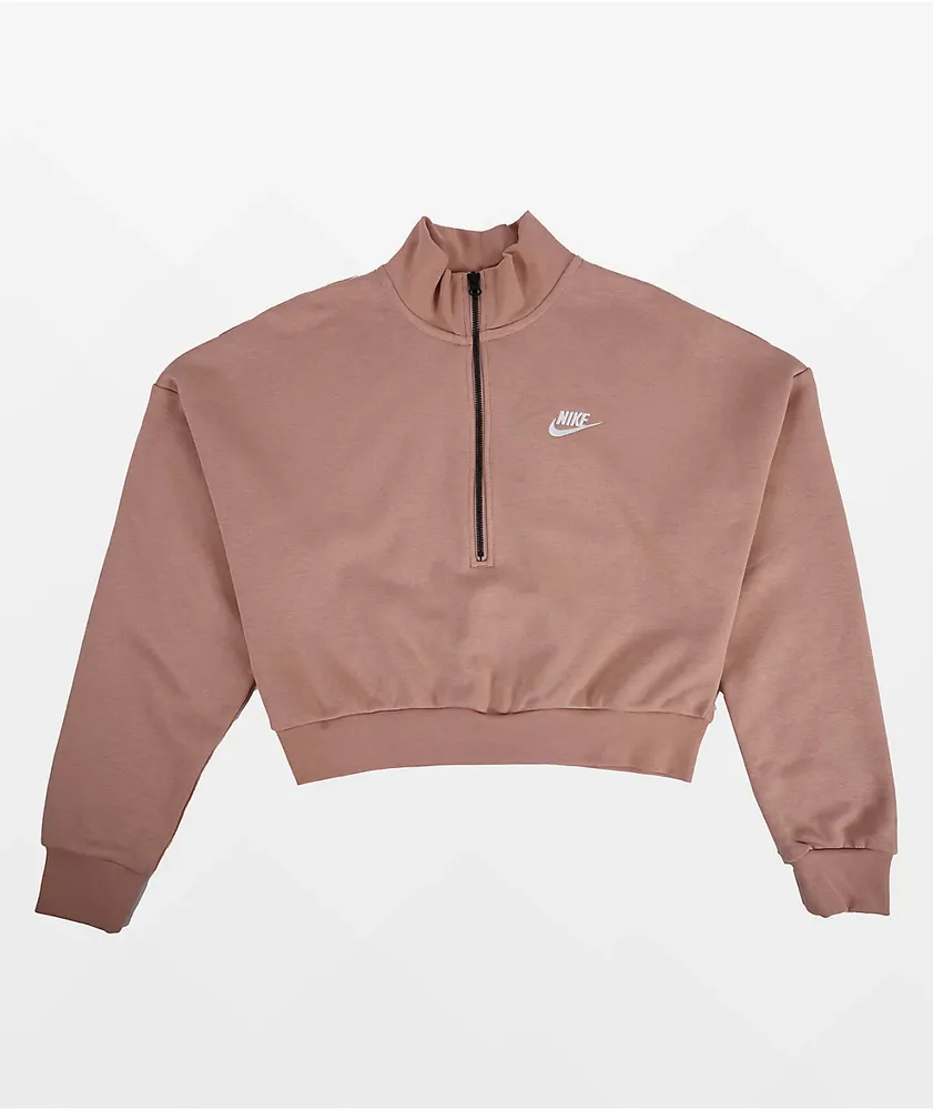 Nike Sportswear Essential Beige Crop Half Zip Fleece Sweatshirt