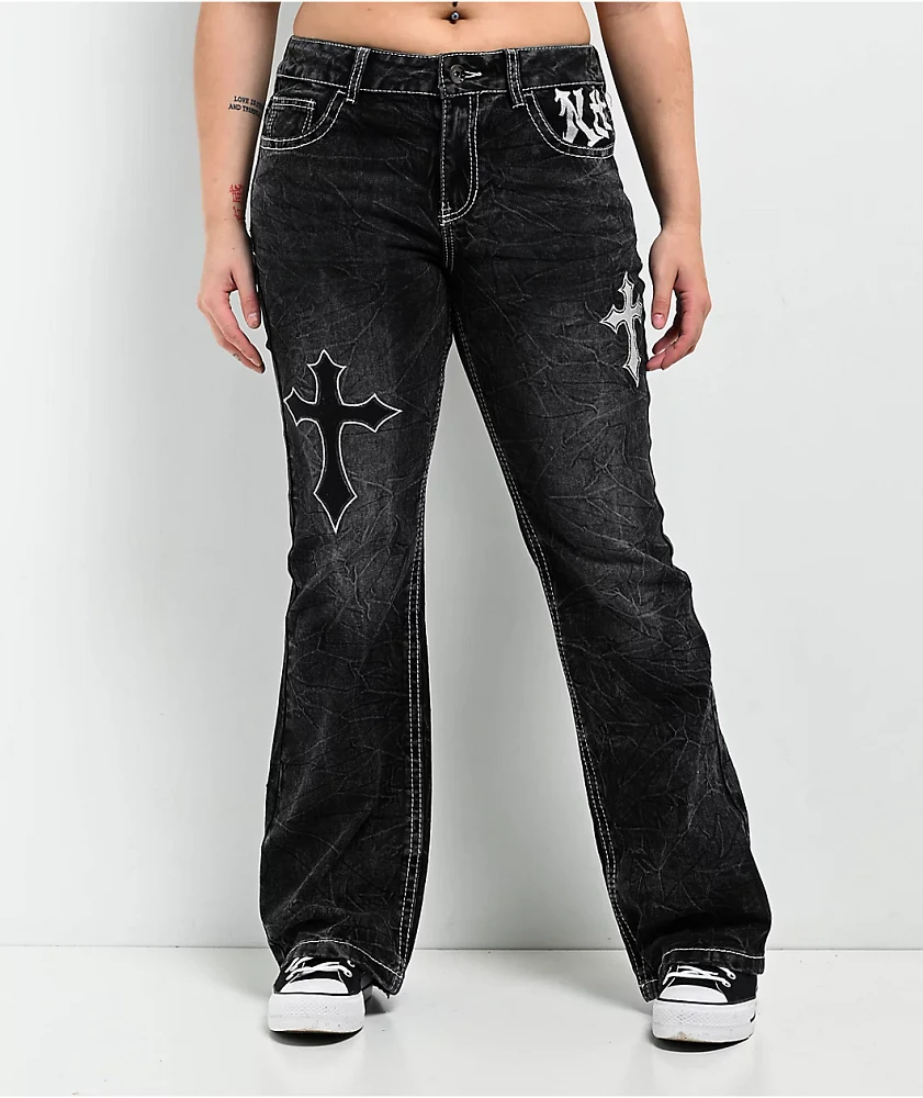 Ninth Hall Alyssia Cross Black Wash Mid Rise Bootcut Jeans