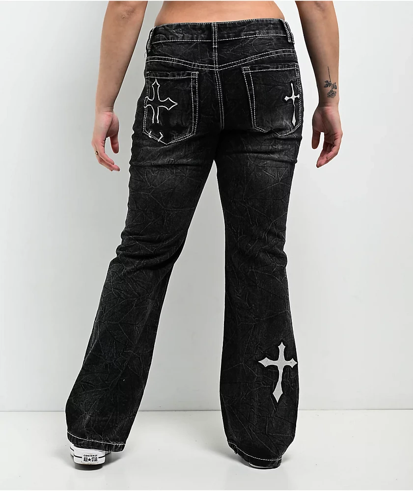 Ninth Hall Alyssia Cross Black Wash Mid Rise Flare Jeans