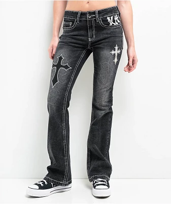 Ninth Hall Alyssia Cross Black Wash Mid Rise Flare Jeans