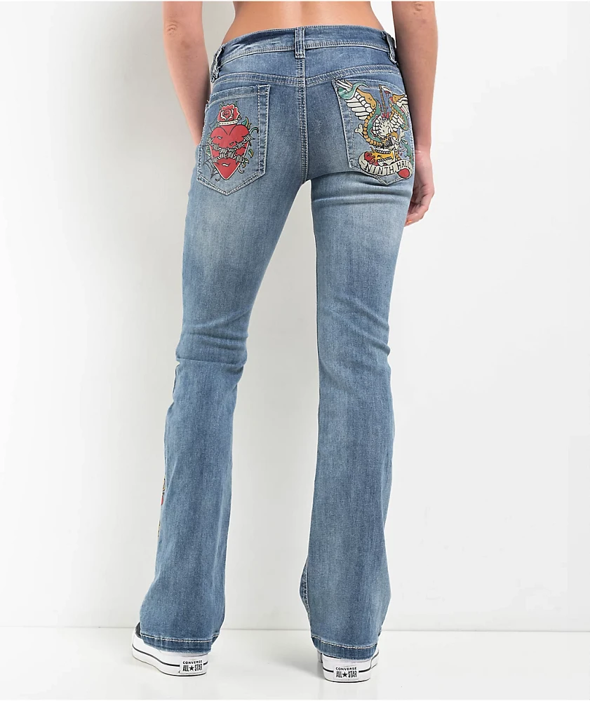 Ninth Hall Alyssia Printed Selfie Mid Rise Flare Jeans