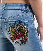 Ninth Hall Alyssia Rose Rhinestone Blue Wash Bootcut Jeans