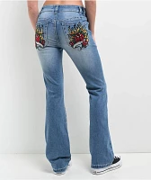 Ninth Hall Alyssia Rose Rhinestone Blue Wash Bootcut Jeans