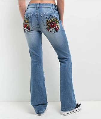 Ninth Hall Alyssia Rose Rhinestone Mid Rise Boot Cut Blue Washed Jeans