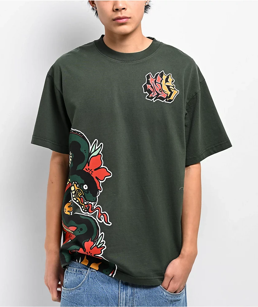 Ninth Hall Ambush Snake Floral Green T-Shirt