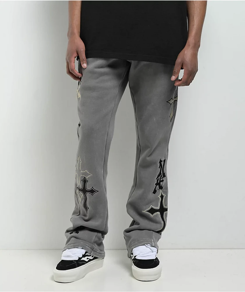 Ninth Hall Crosses Grey Wash Stacked Flare Sweatpants